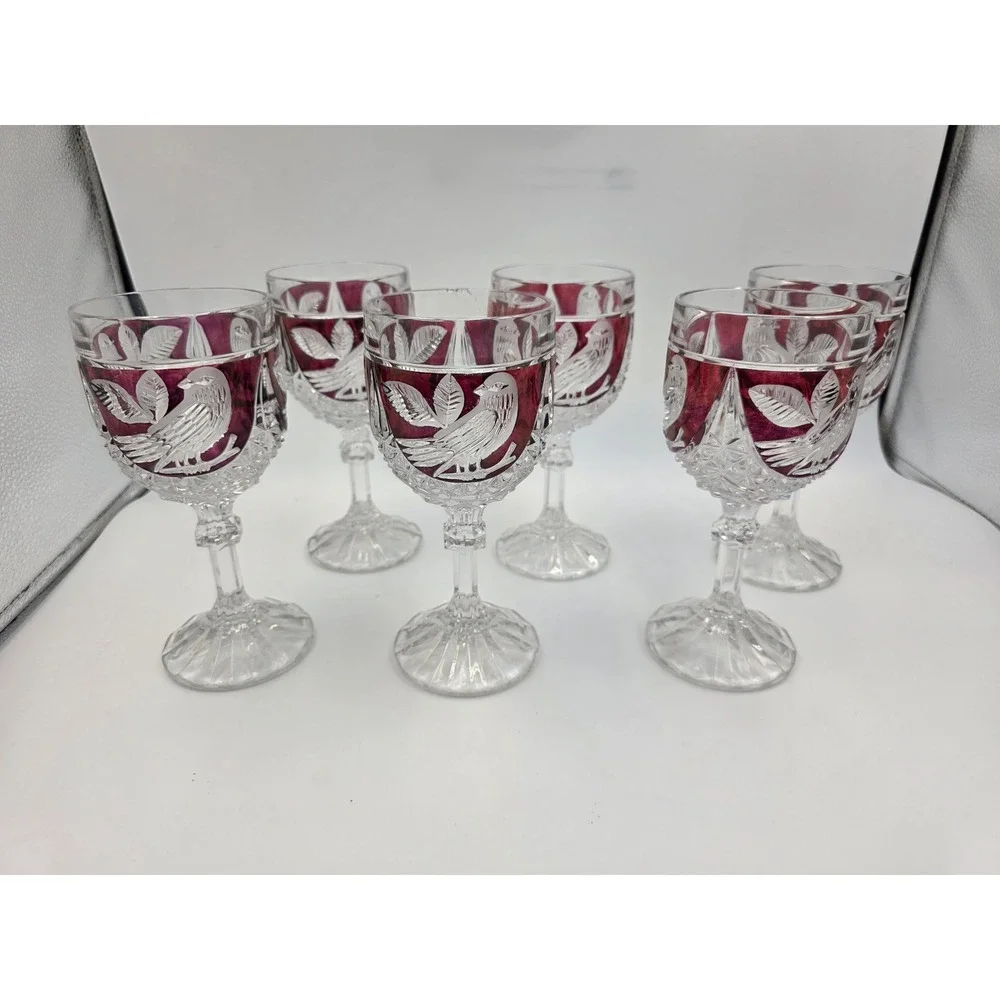 Vintage Bohemian Ruby Red Cut to Clear Crystal Wine Goblets Etched Bird Set of 6